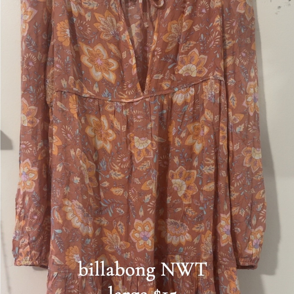 Billabong Orange Brown Long Sleeve Tie Front Blouse
